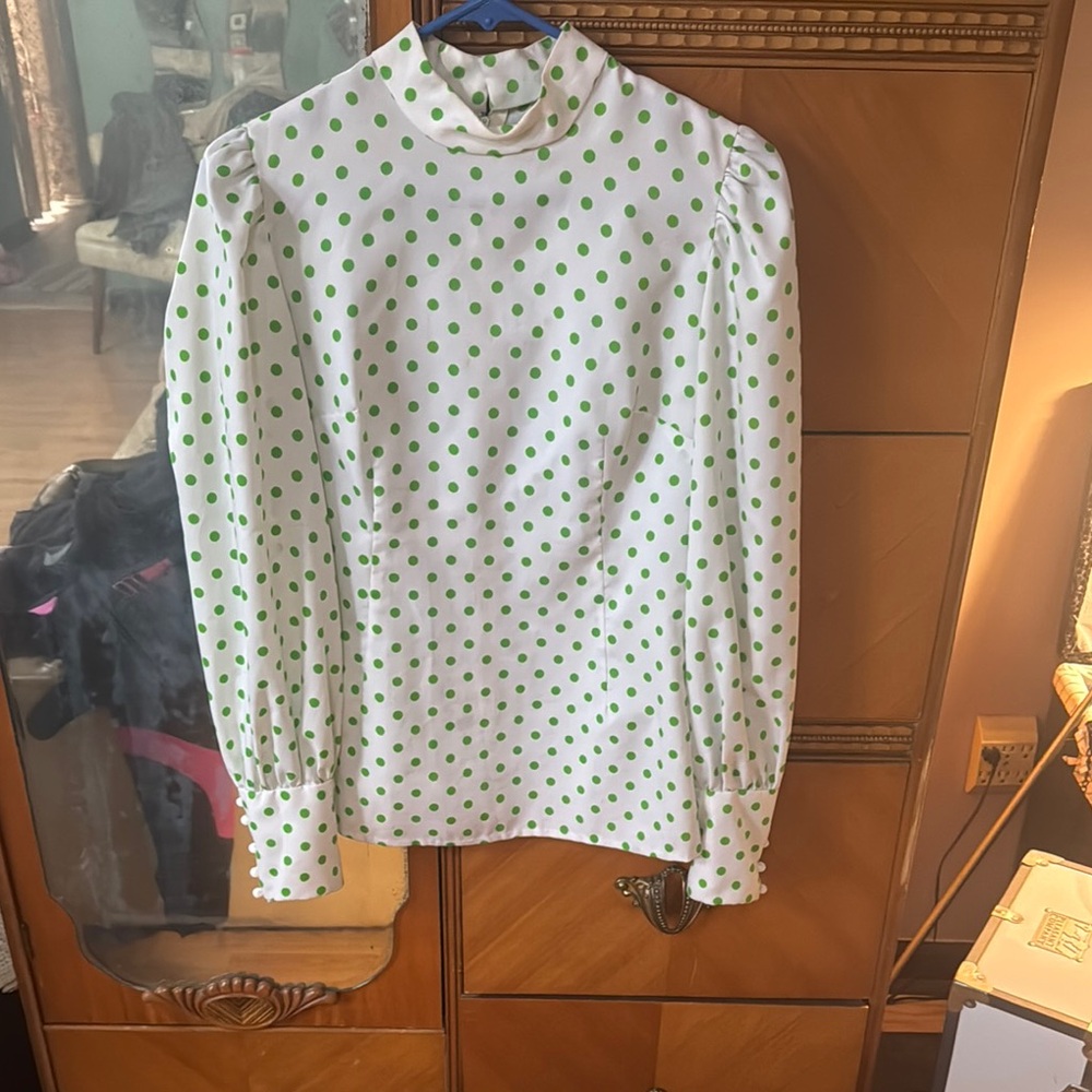 Vintage 1960’s Mod White and Green Dress Shirt with Polka Dots and High Collar